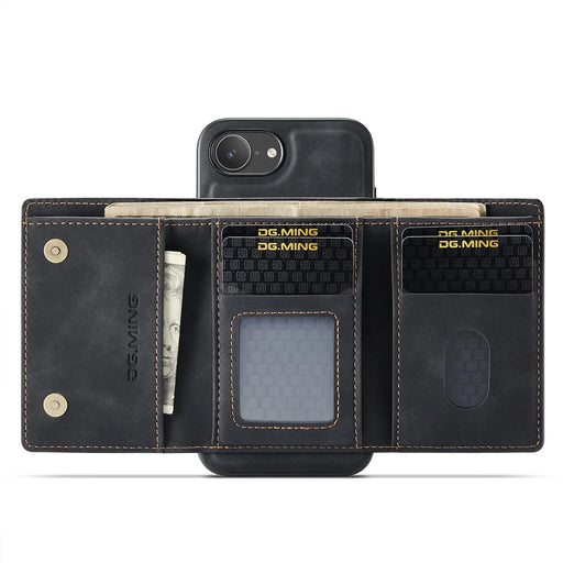 DG.MING M1 Series for iPhone 17e / 16e Case Kickstand PU Phone Cover with Detachable Wallet - Black - 2