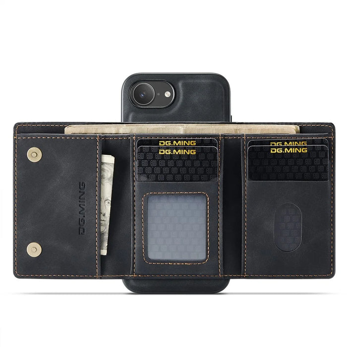 DG.MING M1 Series for iPhone 17e / 16e Case Kickstand PU Phone Cover with Detachable Wallet - Black - 2