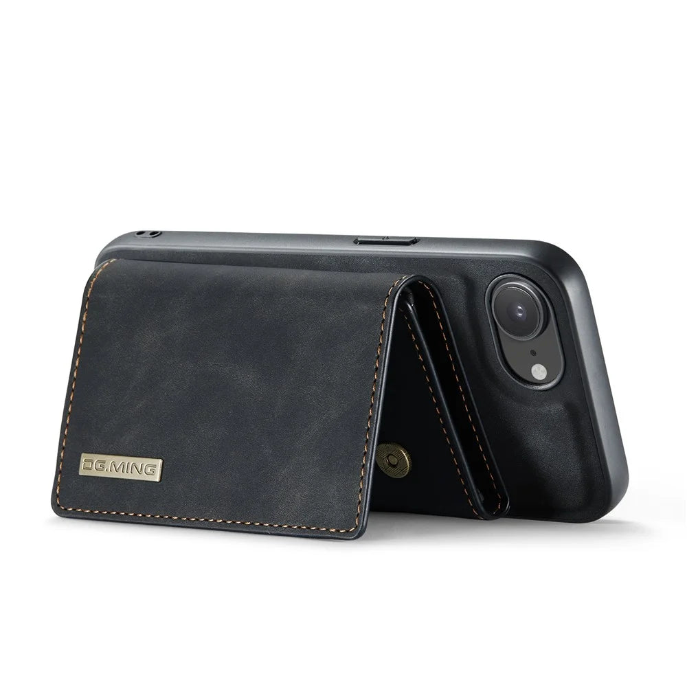 DG.MING M1 Series for iPhone 17e / 16e Case Kickstand PU Phone Cover with Detachable Wallet - Black - 3