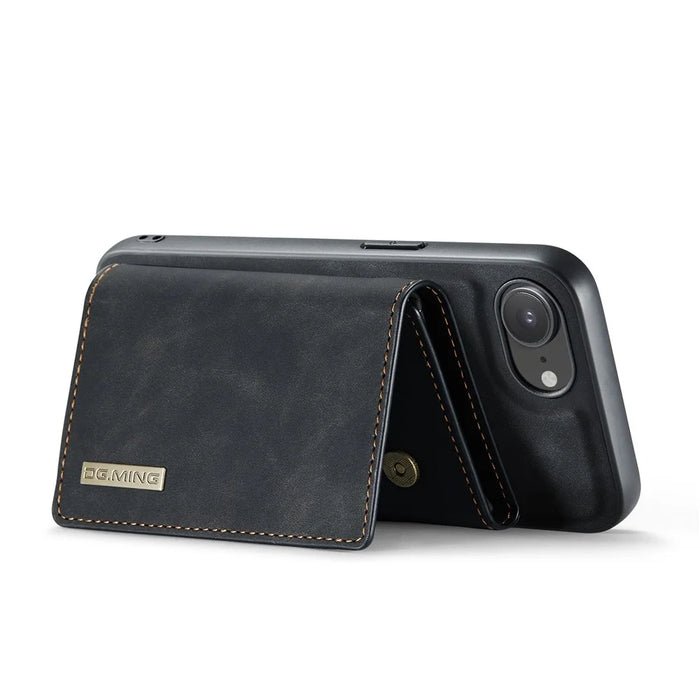 DG.MING M1 Series for iPhone 17e / 16e Case Kickstand PU Phone Cover with Detachable Wallet - Black - 3