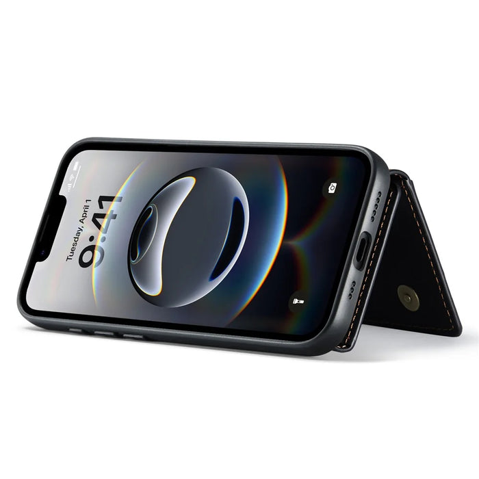 DG.MING M1 Series for iPhone 17e / 16e Case Kickstand PU Phone Cover with Detachable Wallet - Black - 4