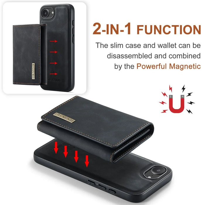 DG.MING M1 Series for iPhone 17e / 16e Case Kickstand PU Phone Cover with Detachable Wallet - Black - 5