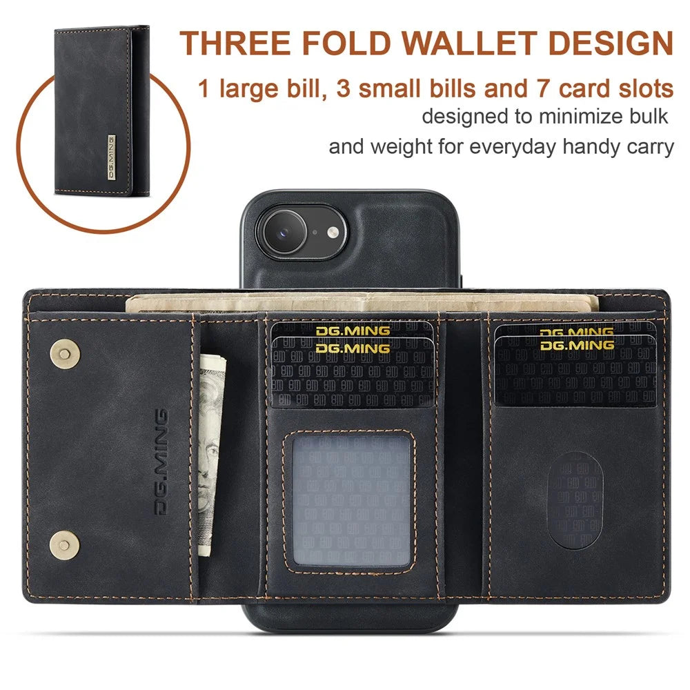 DG.MING M1 Series for iPhone 17e / 16e Case Kickstand PU Phone Cover with Detachable Wallet - Black - 6