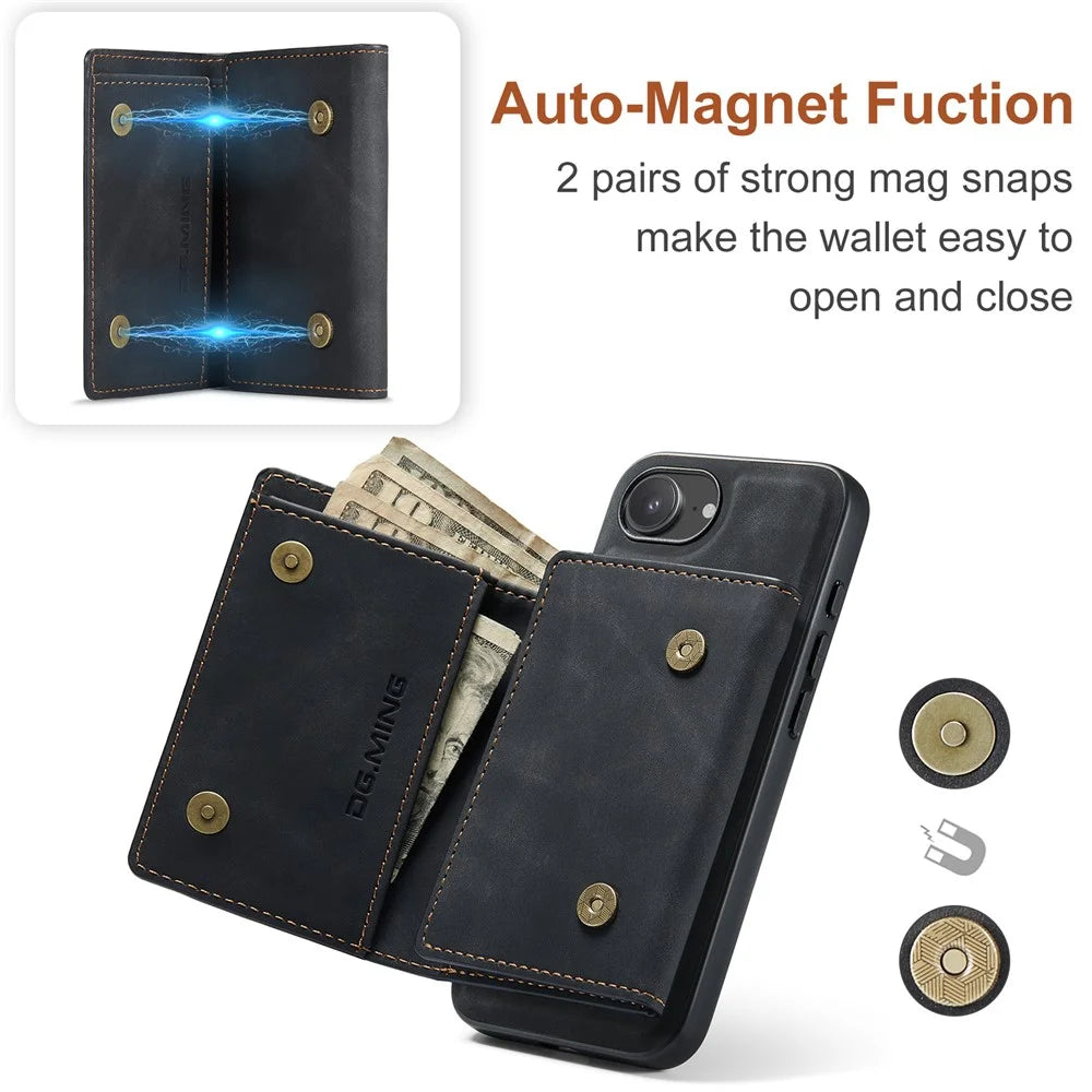 DG.MING M1 Series for iPhone 17e / 16e Case Kickstand PU Phone Cover with Detachable Wallet - Black - 7