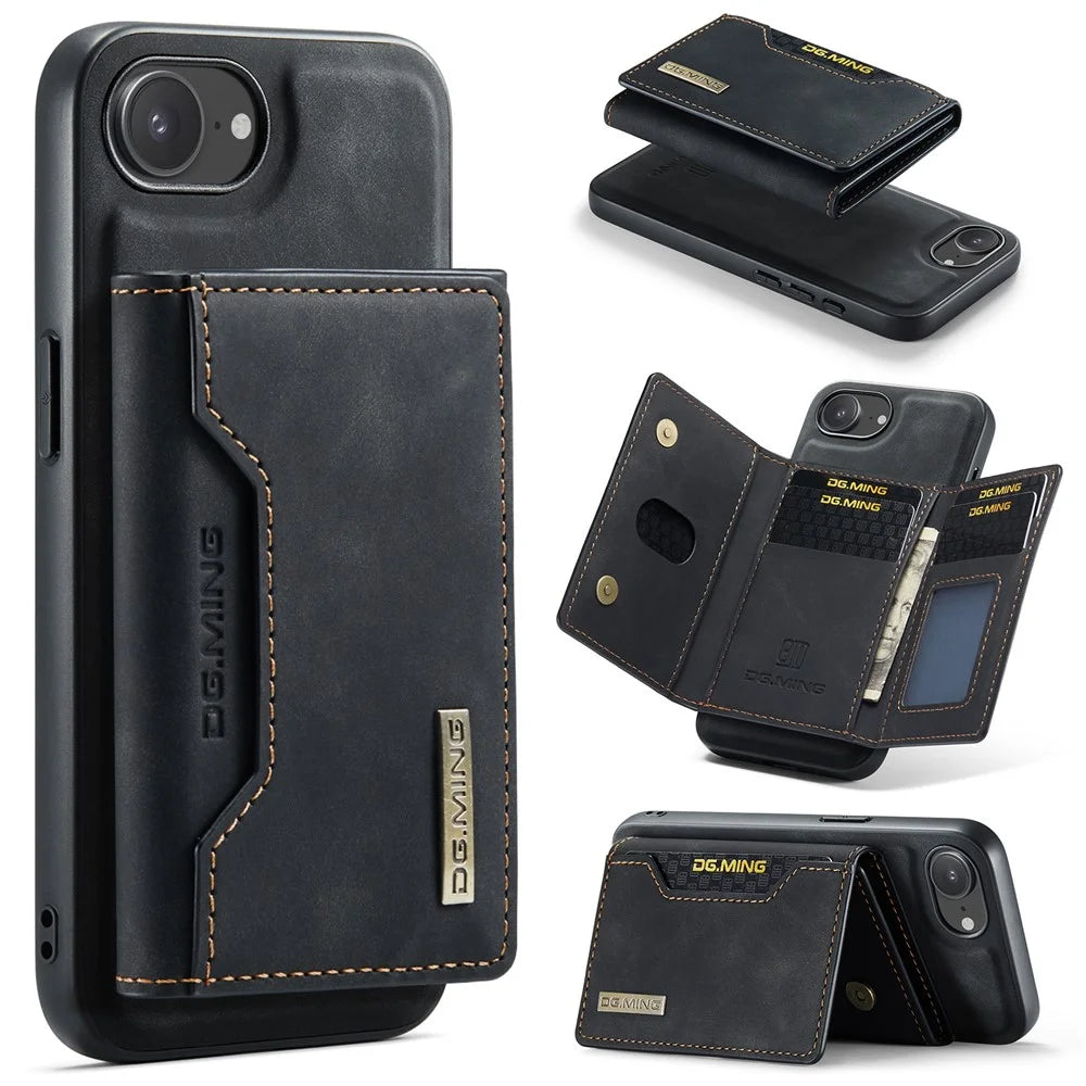 DG.MING M2 Series for iPhone 17e / 16e Case PU + PC + TPU Phone Cover Detachable Wallet - Black - 1