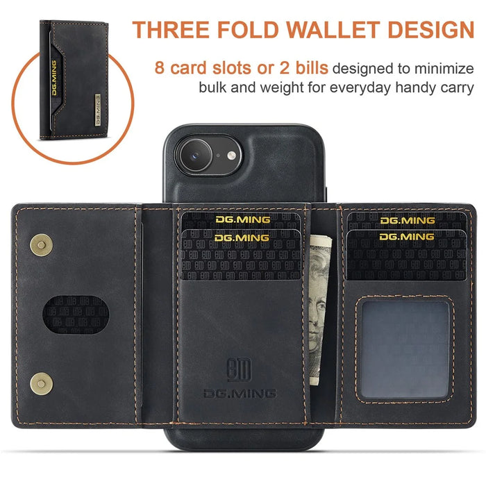 DG.MING M2 Series for iPhone 17e / 16e Case PU + PC + TPU Phone Cover Detachable Wallet - Black - 6