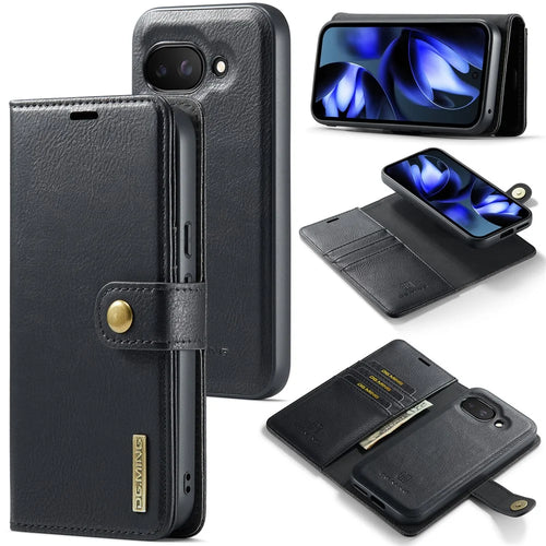DG.MING for Google Pixel 9a Case Detachable Split Leather Phone Cover - Black - 1