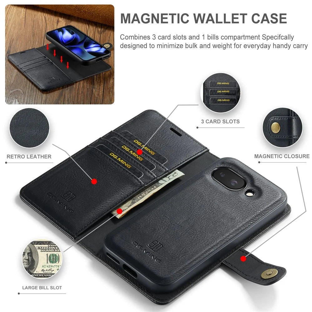 DG.MING for Google Pixel 9a Case Detachable Split Leather Phone Cover - Black - 4