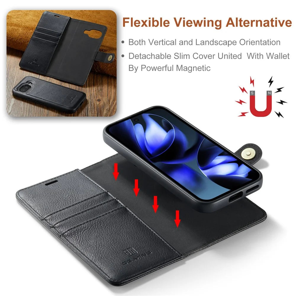 DG.MING for Google Pixel 9a Case Detachable Split Leather Phone Cover - Black - 5