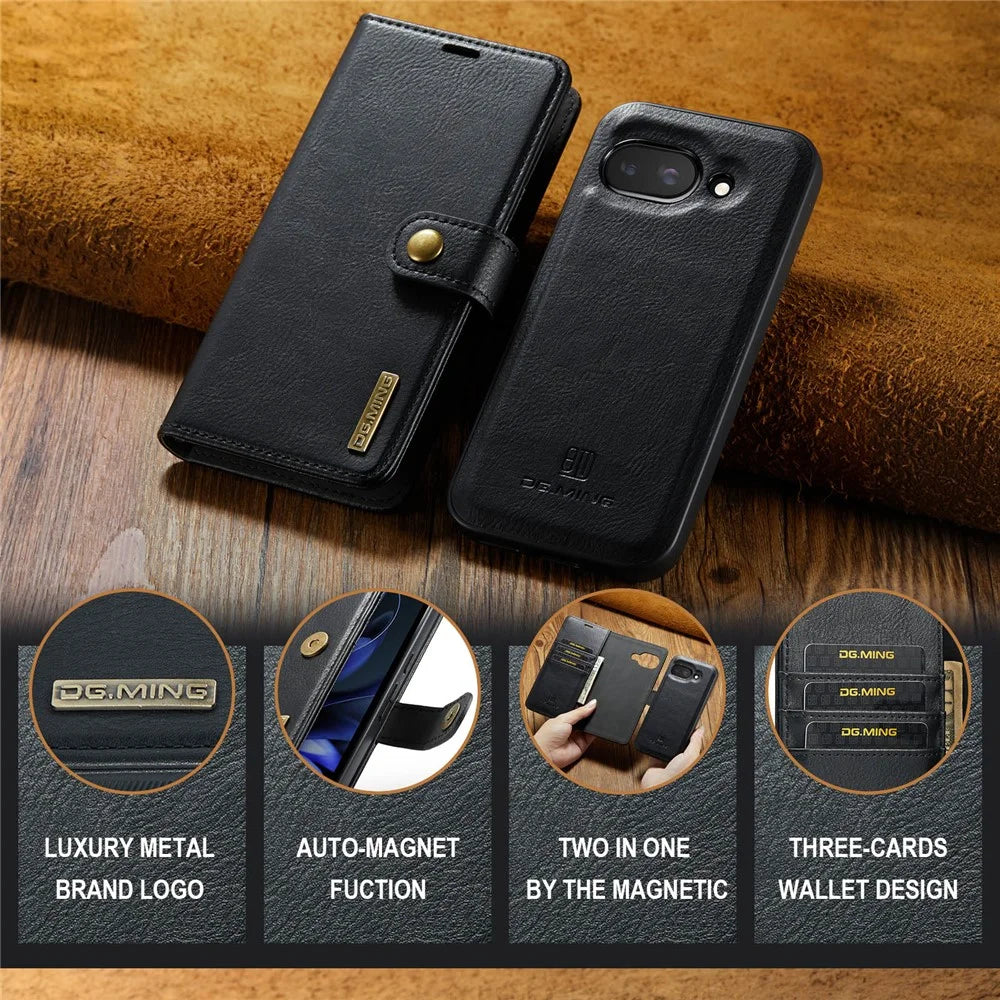 DG.MING for Google Pixel 9a Case Detachable Split Leather Phone Cover - Black - 6