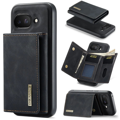 DG.MING M1 Series for Google Pixel 9a Case Kickstand PU Phone Cover with Detachable Wallet - Black - 1