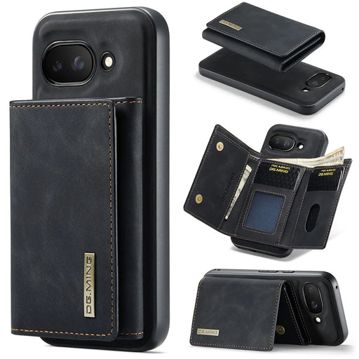 DG.MING M1 Series for Google Pixel 9a Case Kickstand PU Phone Cover with Detachable Wallet - Black - 1