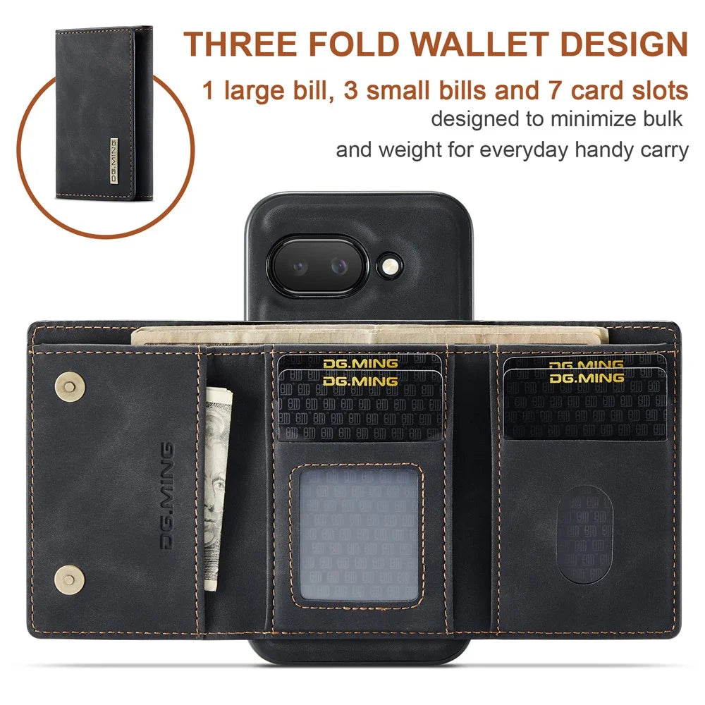 DG.MING M1 Series for Google Pixel 9a Case Kickstand PU Phone Cover with Detachable Wallet - Black - 6