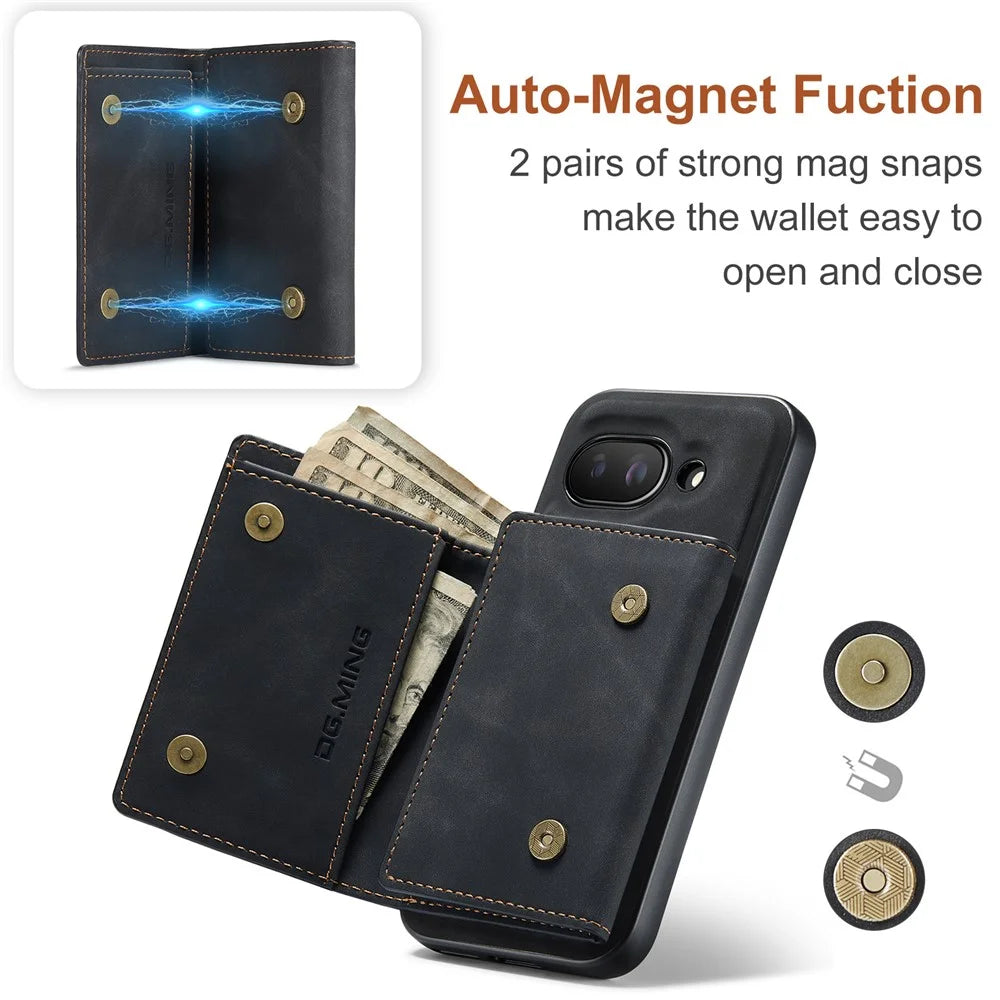 DG.MING M1 Series for Google Pixel 9a Case Kickstand PU Phone Cover with Detachable Wallet - Black - 7