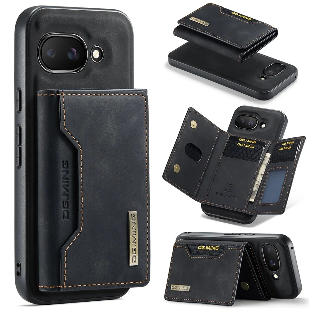 DG.MING M2 Series for Google Pixel 9a Case PU + PC + TPU Phone Cover Detachable Wallet - Black - 1