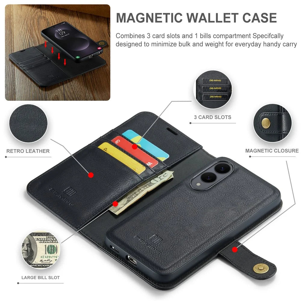 DG.MING for Samsung Galaxy S25 Edge Case Detachable Split Leather Phone Cover - Black - 4