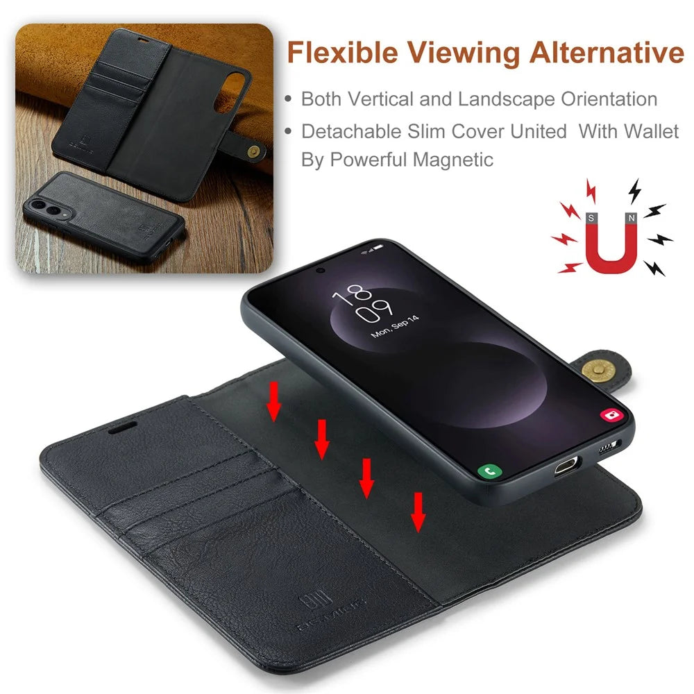 DG.MING for Samsung Galaxy S25 Edge Case Detachable Split Leather Phone Cover - Black - 5