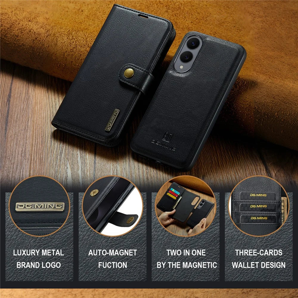 DG.MING for Samsung Galaxy S25 Edge Case Detachable Split Leather Phone Cover - Black - 6