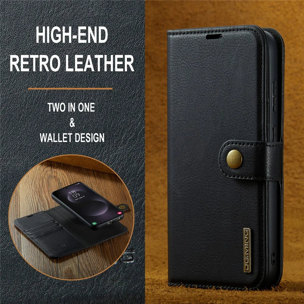 DG.MING for Samsung Galaxy S25 Edge Case Detachable Split Leather Phone Cover - Black - 7