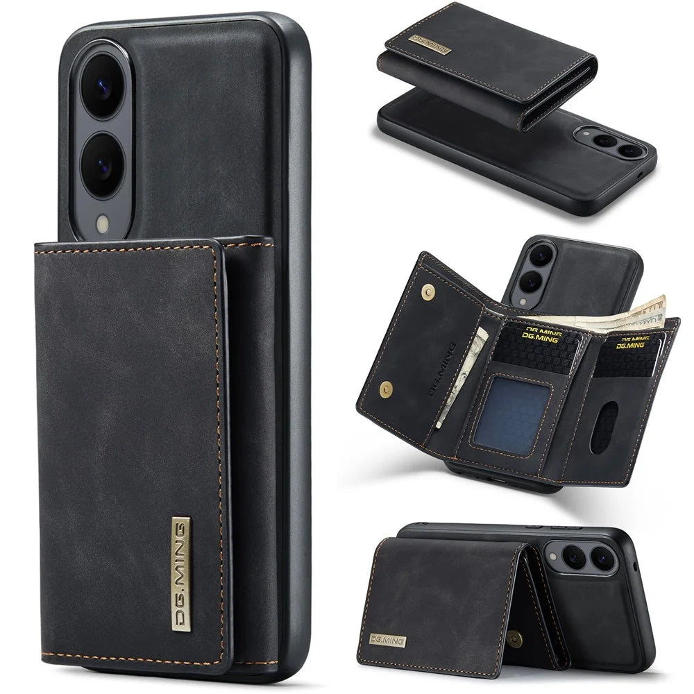 DG.MING M1 Series for Samsung Galaxy S25 Edge Case Kickstand PU Phone Cover with Detachable Wallet - Black - 1
