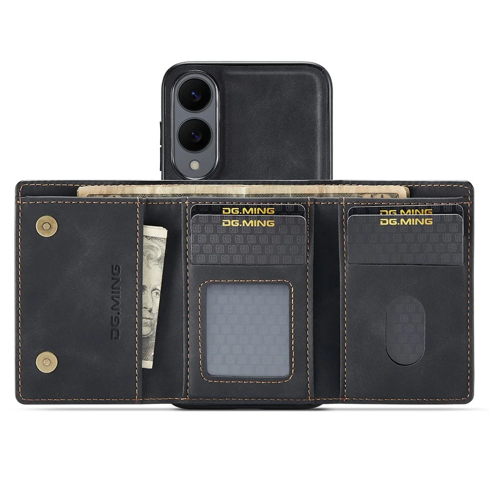 DG.MING M1 Series for Samsung Galaxy S25 Edge Case Kickstand PU Phone Cover with Detachable Wallet - Black - 2
