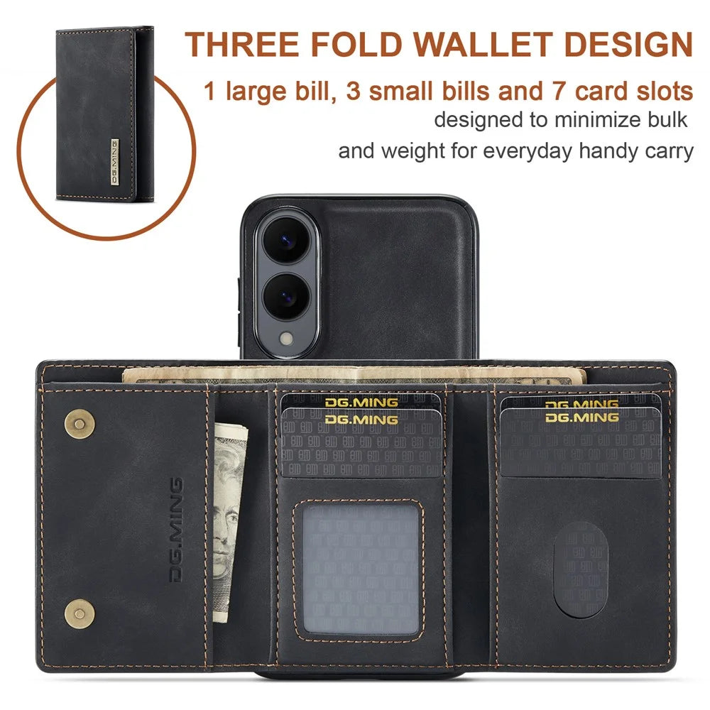 DG.MING M1 Series for Samsung Galaxy S25 Edge Case Kickstand PU Phone Cover with Detachable Wallet - Black - 5