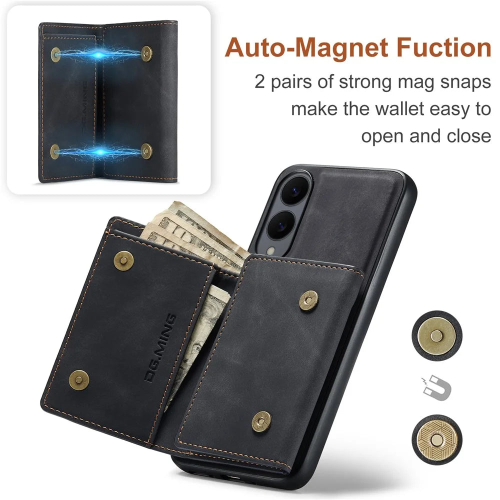 DG.MING M1 Series for Samsung Galaxy S25 Edge Case Kickstand PU Phone Cover with Detachable Wallet - Black - 6