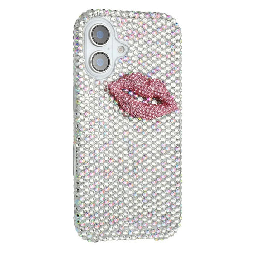 For iPhone 16 Case Full Rhinestone Lip Decor TPU + PC Phone Back Cover - White - 1
