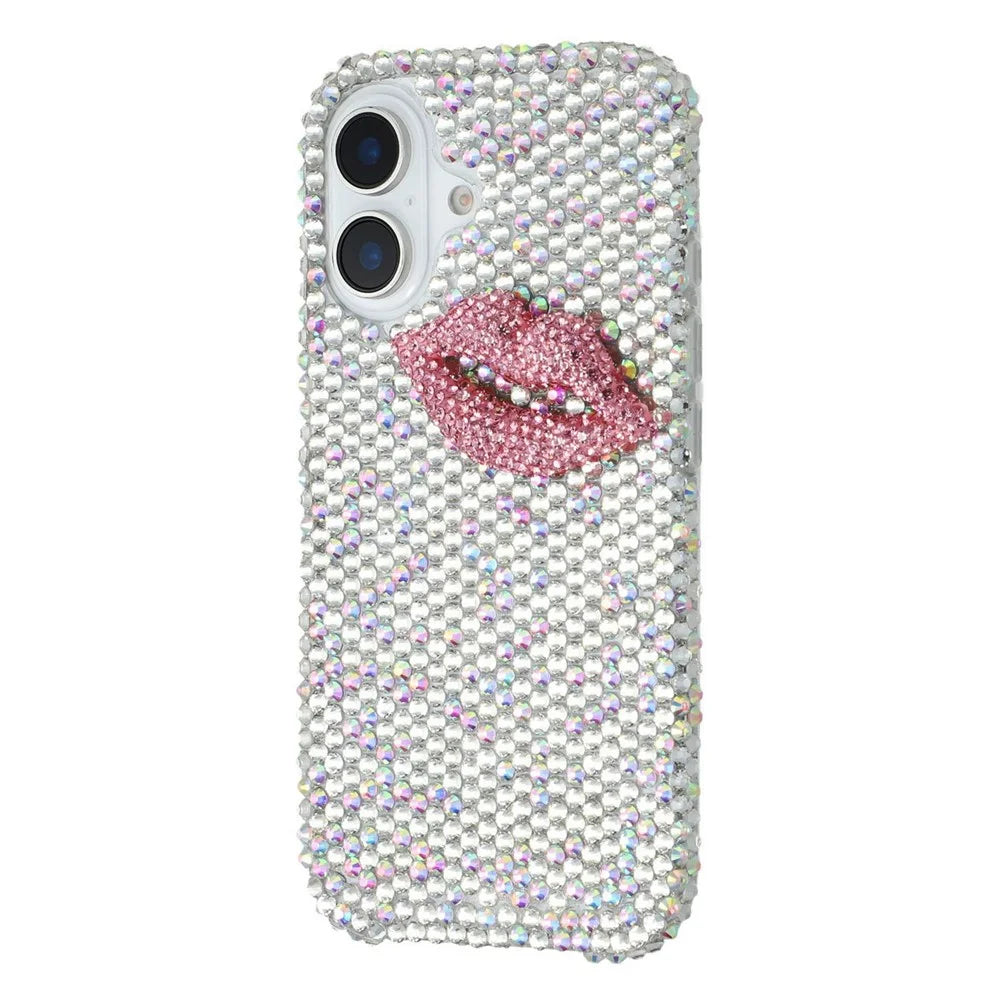 For iPhone 16 Case Full Rhinestone Lip Decor TPU + PC Phone Back Cover - White - 2
