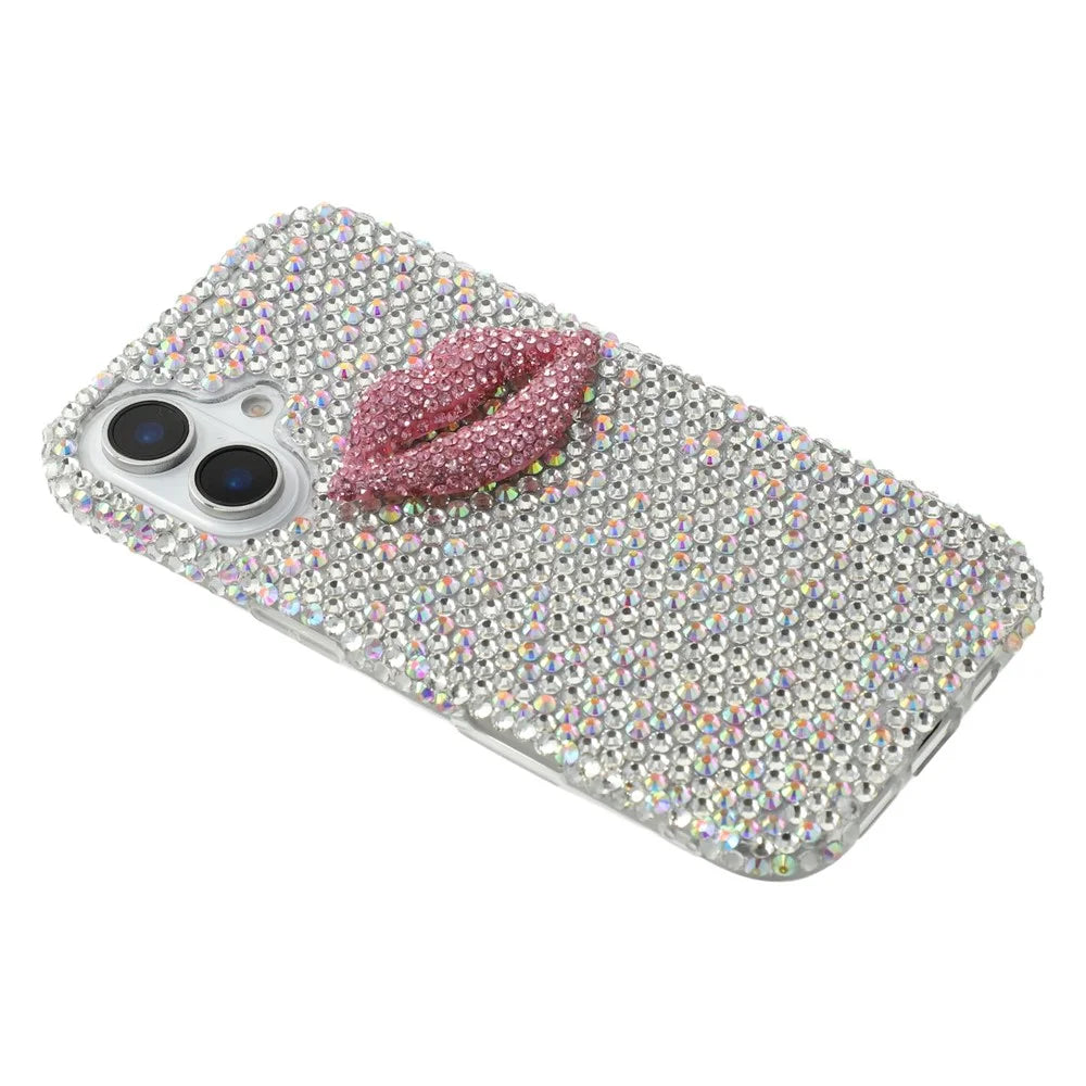 For iPhone 16 Case Full Rhinestone Lip Decor TPU + PC Phone Back Cover - White - 3