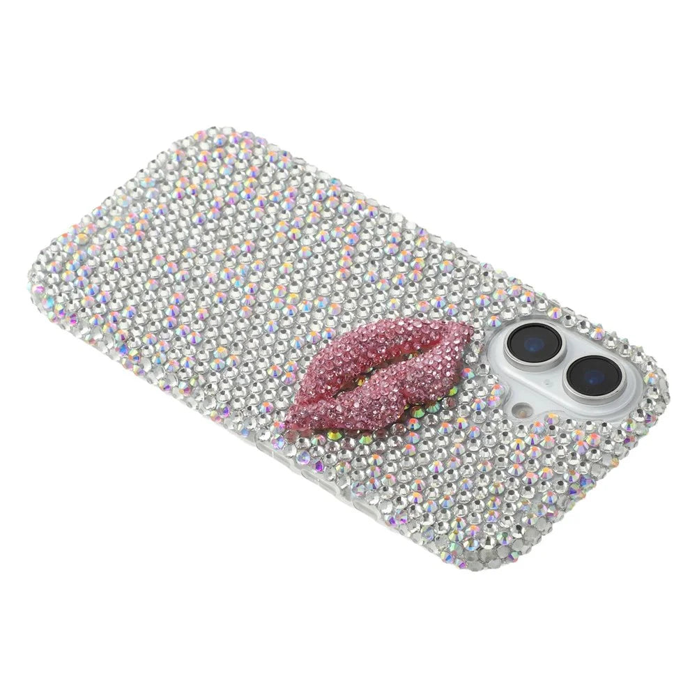 For iPhone 16 Case Full Rhinestone Lip Decor TPU + PC Phone Back Cover - White - 4