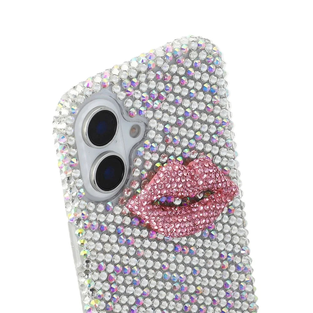 For iPhone 16 Case Full Rhinestone Lip Decor TPU + PC Phone Back Cover - White - 5