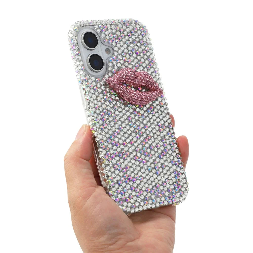 For iPhone 16 Case Full Rhinestone Lip Decor TPU + PC Phone Back Cover - White - 6