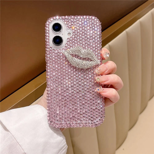 For iPhone 16 Plus Case Full Rhinestone Lip Decor TPU + PC Phone Back Cover - Pink - 1