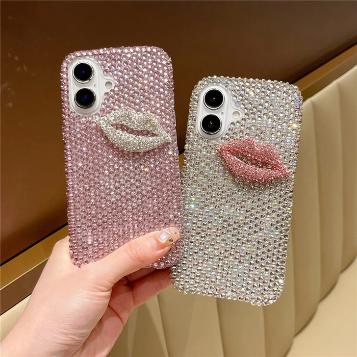 For iPhone 16 Plus Case Full Rhinestone Lip Decor TPU + PC Phone Back Cover - Pink - 2