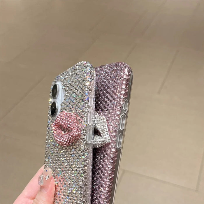 For iPhone 16 Plus Case Full Rhinestone Lip Decor TPU + PC Phone Back Cover - Pink - 3