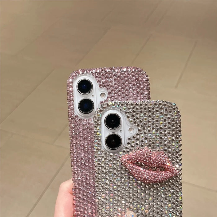 For iPhone 16 Plus Case Full Rhinestone Lip Decor TPU + PC Phone Back Cover - Pink - 4