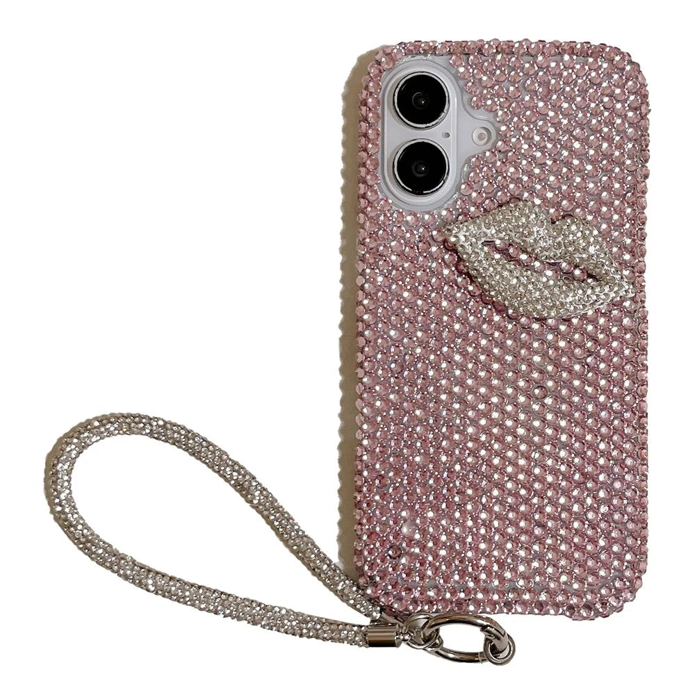 For iPhone 16 Case with Strap Full Rhinestone Lip Decor TPU + PC Phone Back Cover - Pink - 1