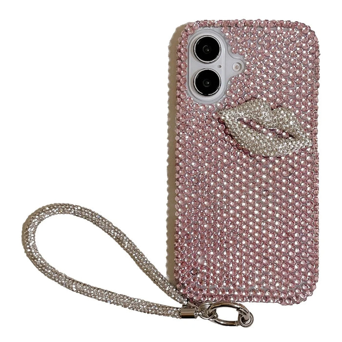 For iPhone 16 Case with Strap Full Rhinestone Lip Decor TPU + PC Phone Back Cover - Pink - 1