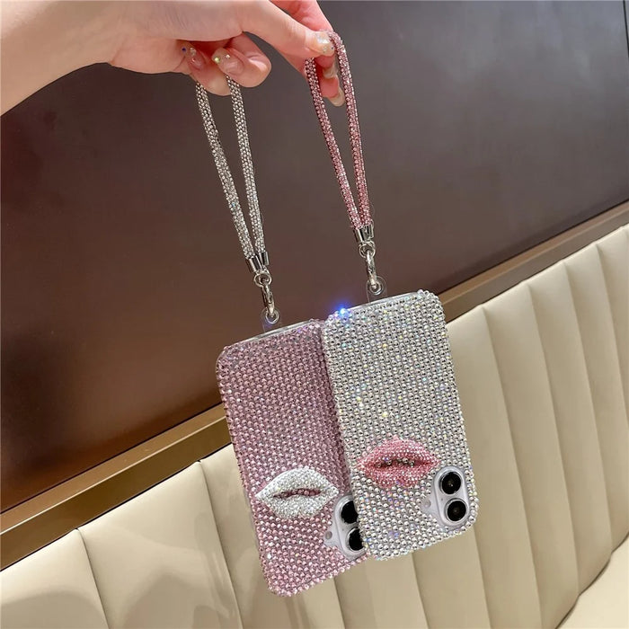 For iPhone 16 Case with Strap Full Rhinestone Lip Decor TPU + PC Phone Back Cover - Pink - 4