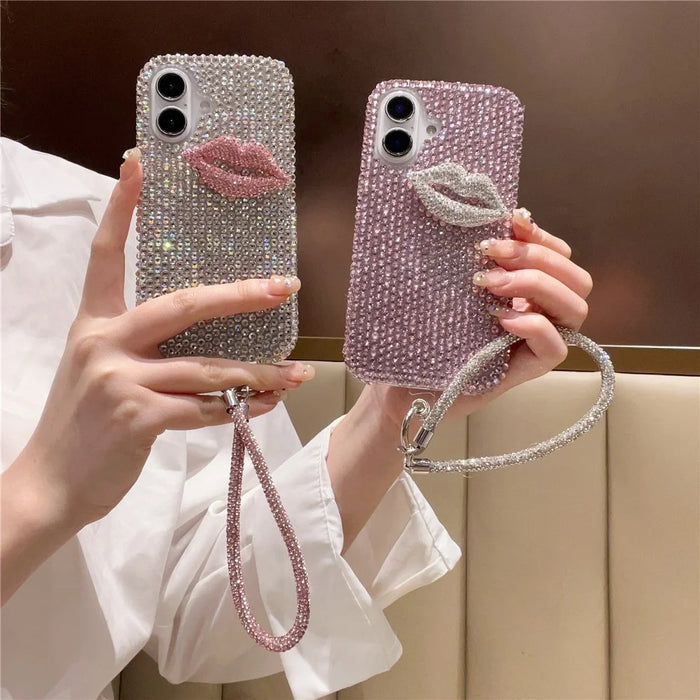 For iPhone 16 Case with Strap Full Rhinestone Lip Decor TPU + PC Phone Back Cover - Pink - 5