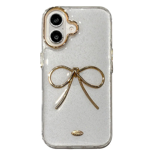 For iPhone 16 Plus Case Gold Bow Epoxy Design TPU + PC Phone Back Cover - 1