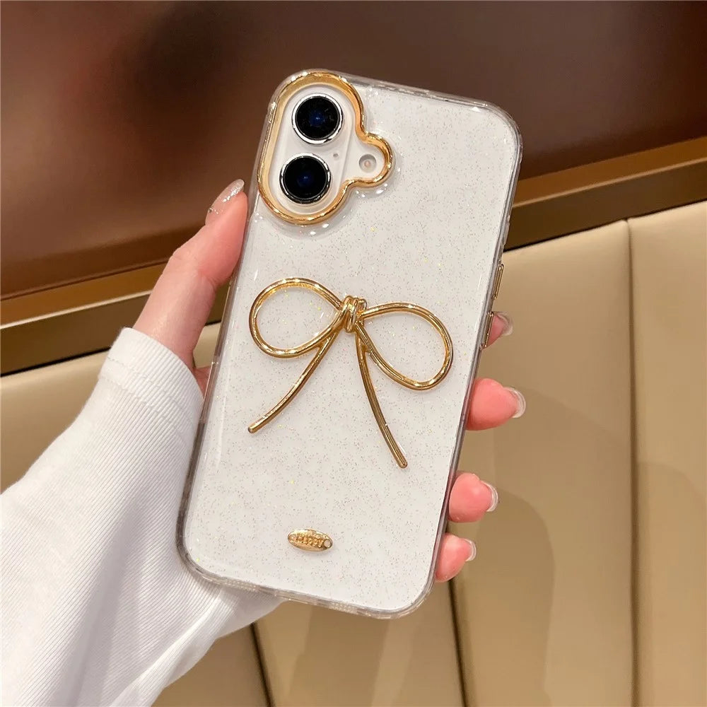 For iPhone 16 Plus Case Gold Bow Epoxy Design TPU + PC Phone Back Cover - 4
