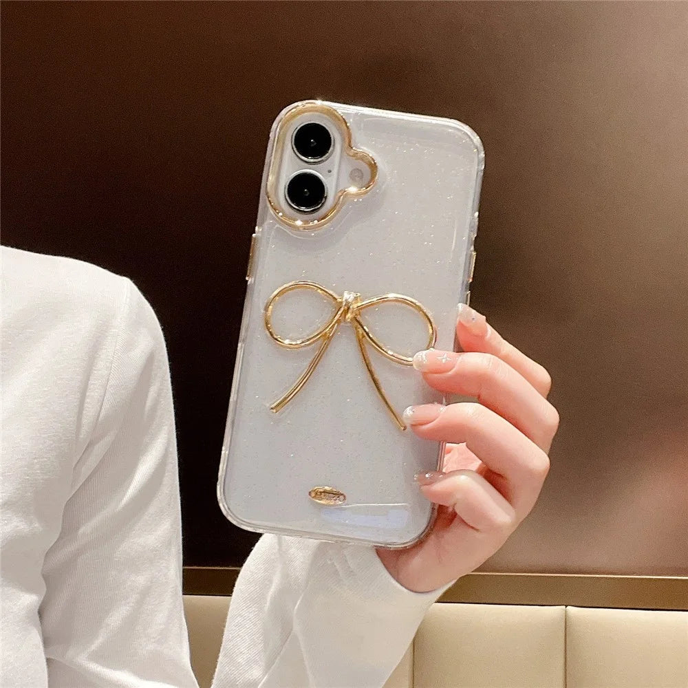 For iPhone 16 Plus Case Gold Bow Epoxy Design TPU + PC Phone Back Cover - 5