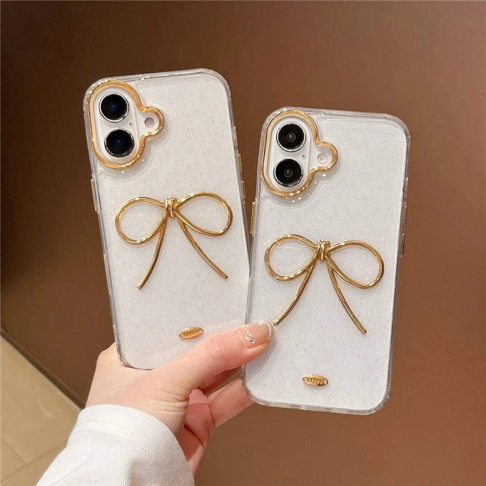 For iPhone 16 Plus Case Gold Bow Epoxy Design TPU + PC Phone Back Cover - 7