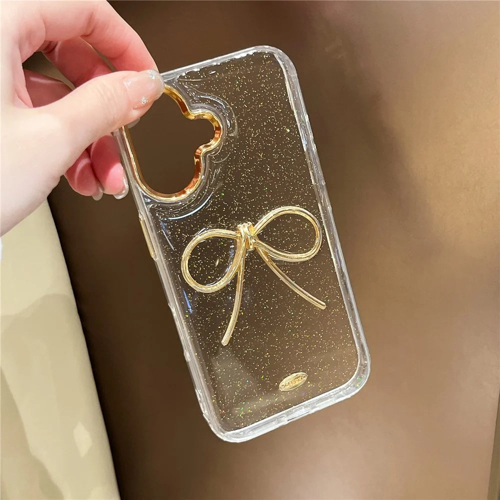 For iPhone 16 Case Gold Bow Epoxy Design TPU + PC Phone Back Cover - 2