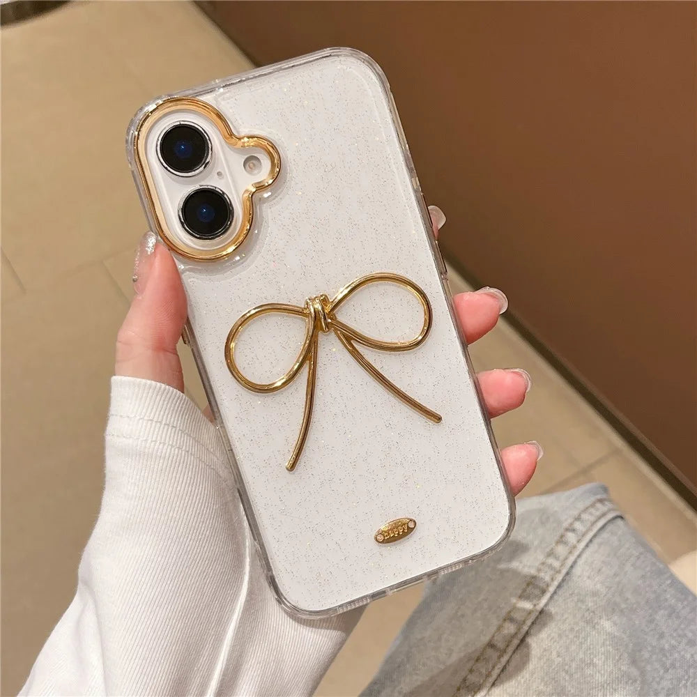 For iPhone 16 Case Gold Bow Epoxy Design TPU + PC Phone Back Cover - 3