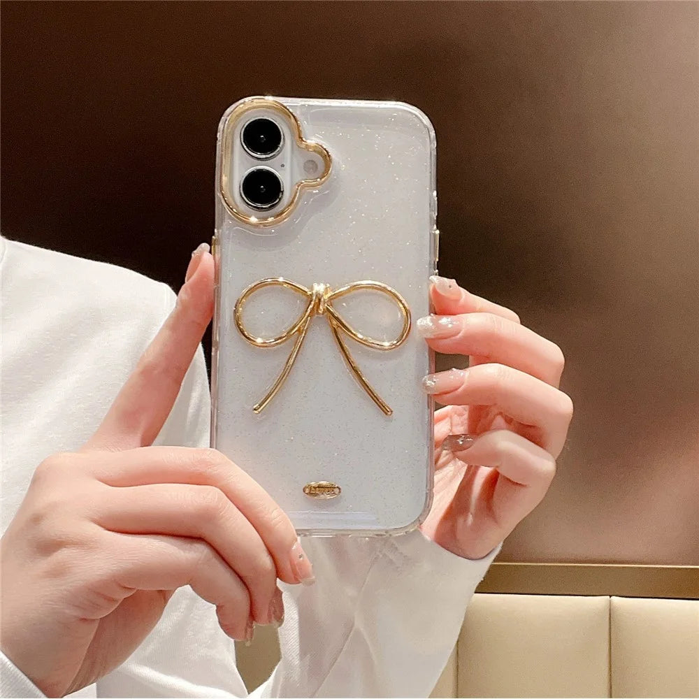 For iPhone 16 Case Gold Bow Epoxy Design TPU + PC Phone Back Cover - 6
