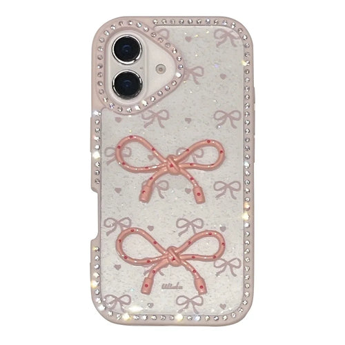 For iPhone 16 Plus Case Two Bow Epoxy Design TPU + PC Phone Back Cover Rhinestone Decor - Pink - 1