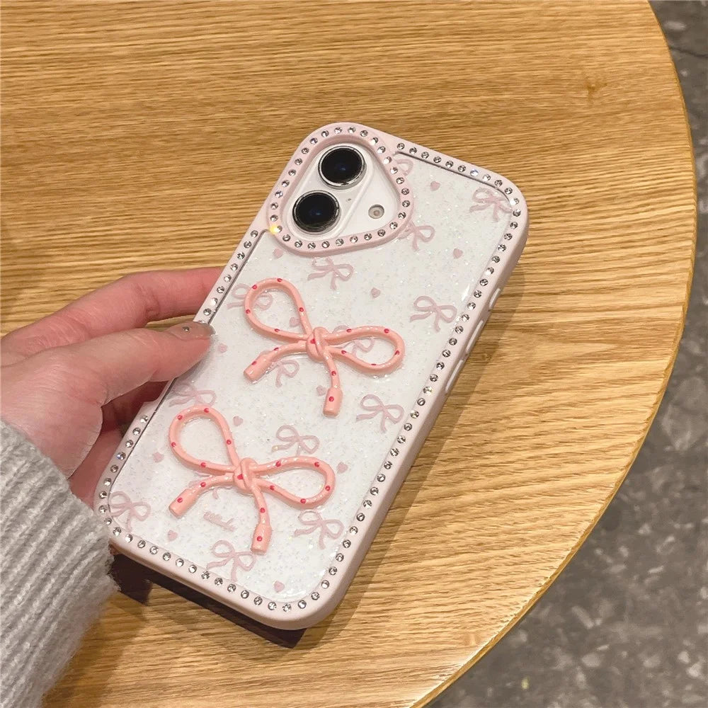 For iPhone 16 Plus Case Two Bow Epoxy Design TPU + PC Phone Back Cover Rhinestone Decor - Pink - 2